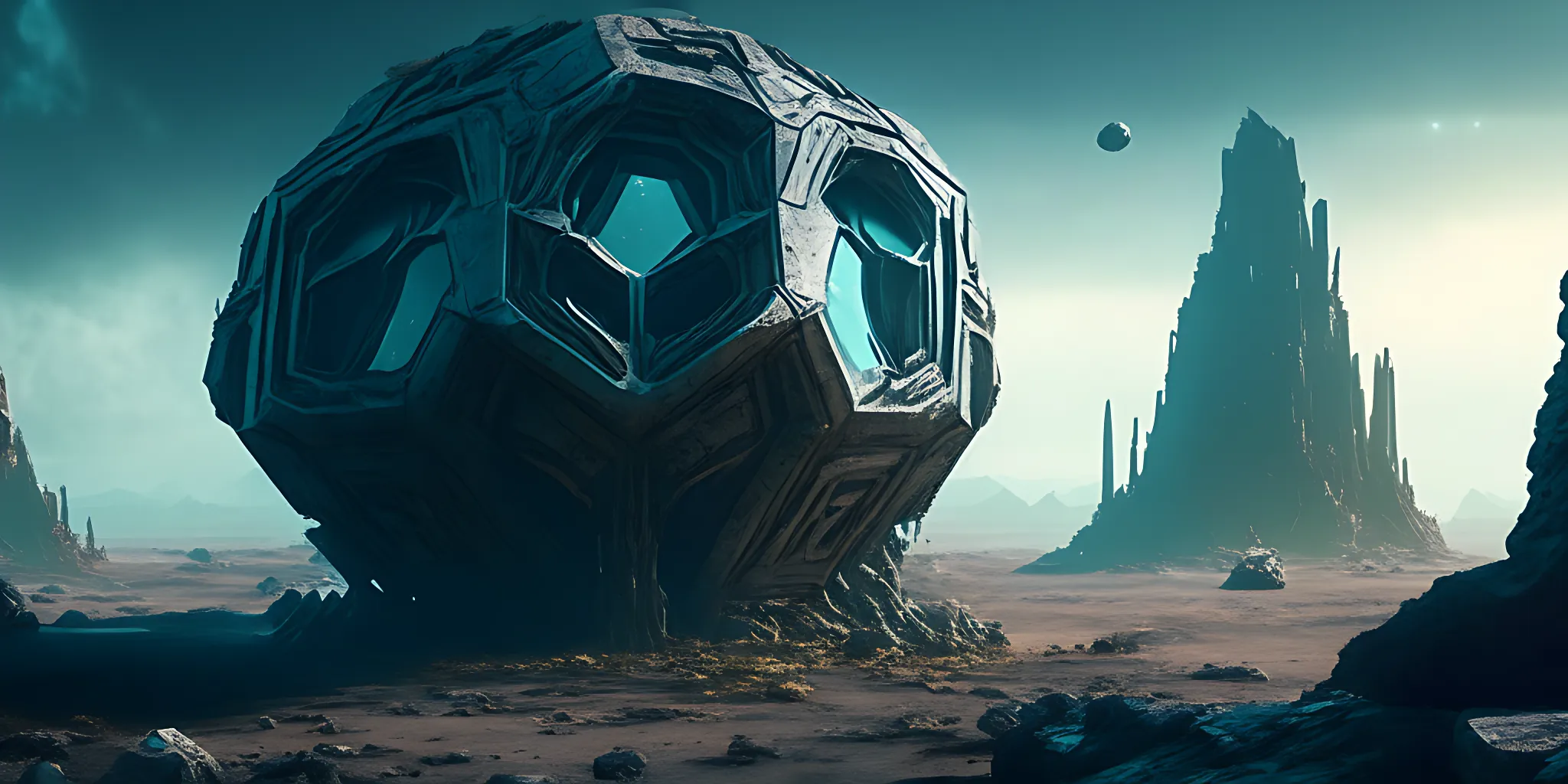 a digital matte painting of a freshly discovered abandoned ancient Hexacore Megalithic Alien World megastructure, 21:9, epic, sci-fi, futuristic, detailed, masterpiece