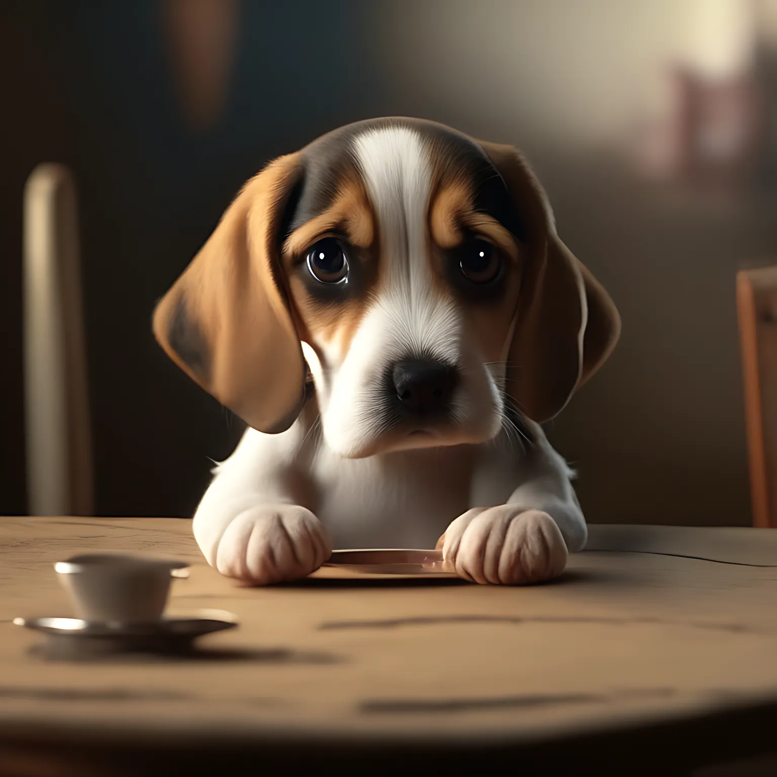 a cute Beagle puppy making a sad face while eating on a table, 4k
