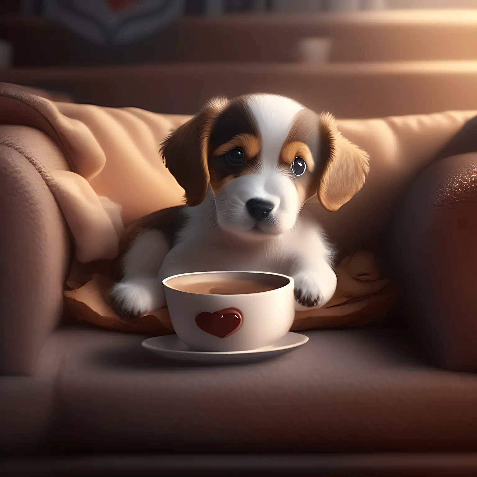 a puppy drinking a latte with heart-shaped art, sitting on a cozy couch, 4k