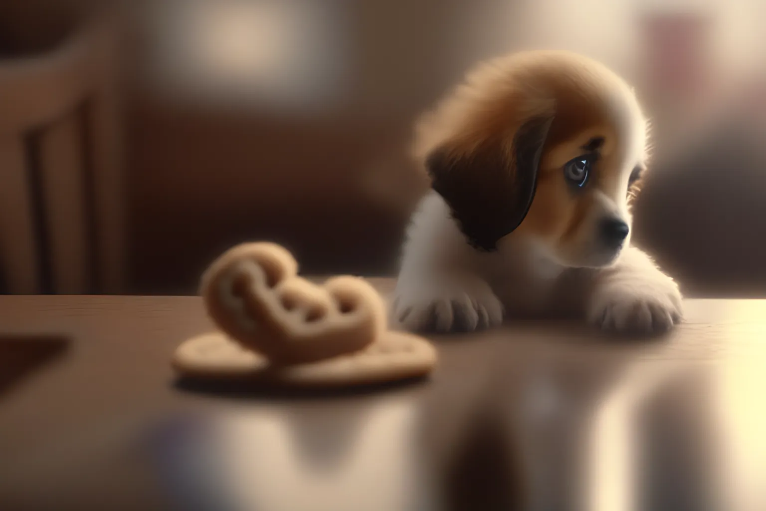 a puppy watching a love-shaped biscuit on the table, with a blurred background, 4k