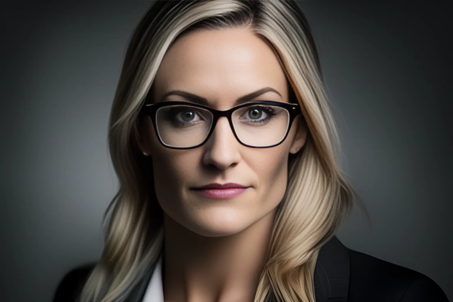 a woman in her 30's with dirty blonde hair, wearing square framed eye glasses and professional attire, standing in front of a grey academia background, with a pleasant gaze into the camera, strong lighting contrasts, elegantly formal