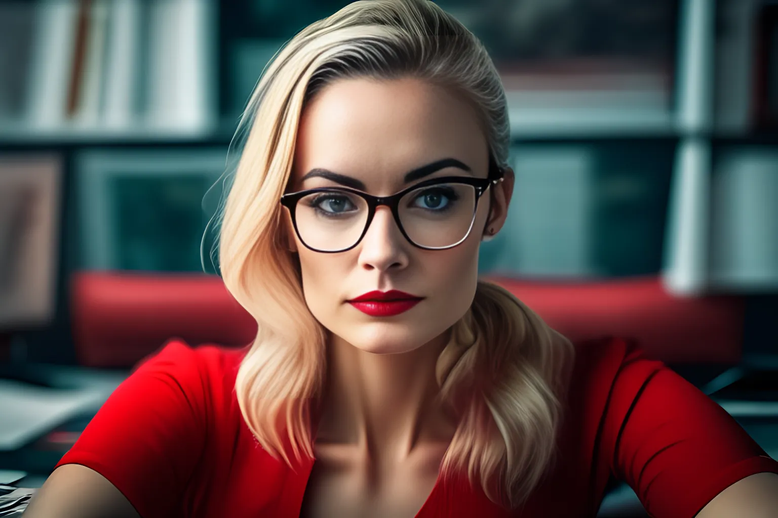 a woman wearing glasses and a red top, sitting at a desk in an office, with a pleasant gaze and shoulders forward, edited to look like the uploaded image with dirty blond hair and a pleasant gaze into the camera