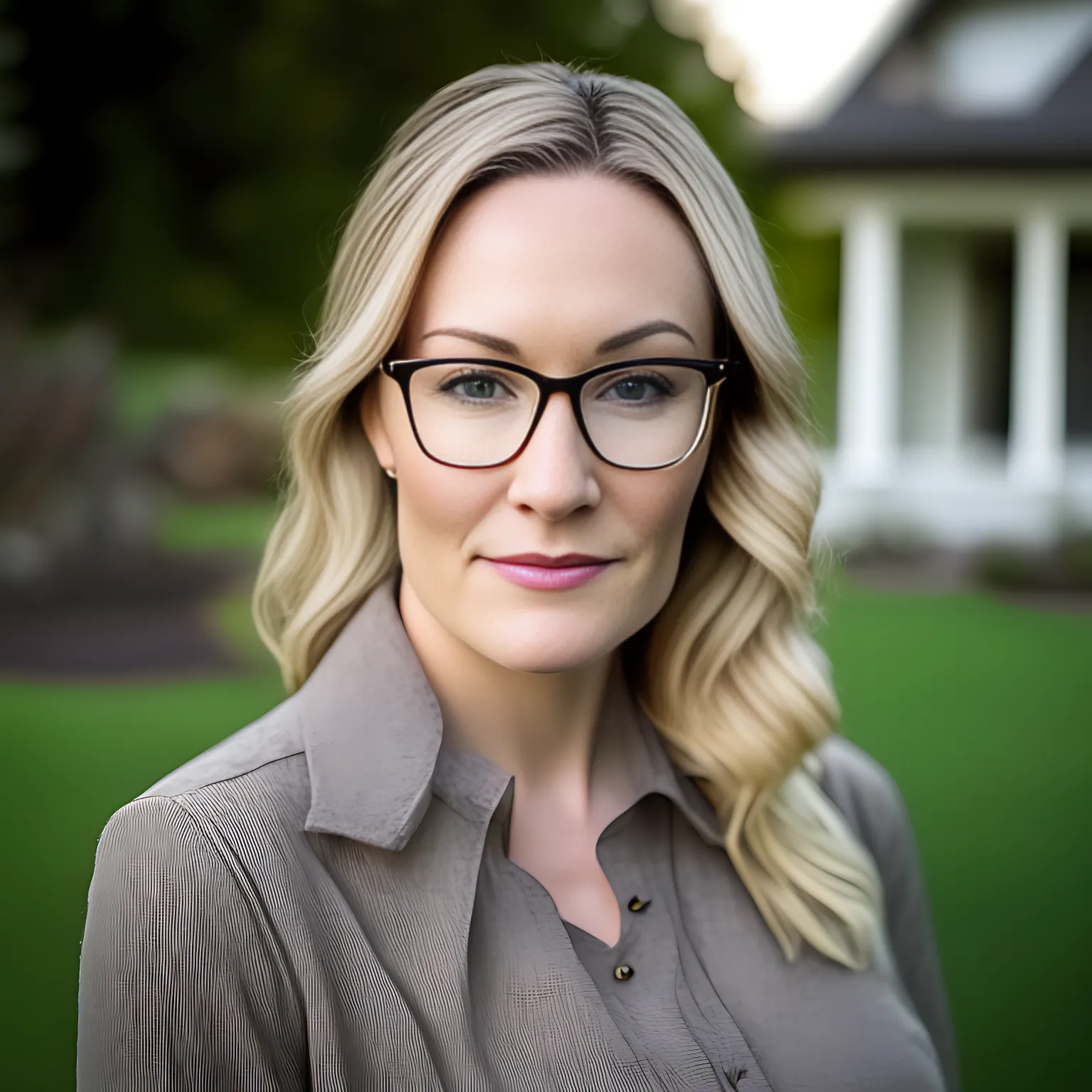 a woman in her 30's with professional attire, dirty blonde hair, square framed eye glasses, and a pleasant gaze into the camera, standing in the front lawn of a home, with a soft-focus portrait style, rangercore, smilecore, studio portrait, gray and bronze color scheme, honest portrayal, and natural fibers