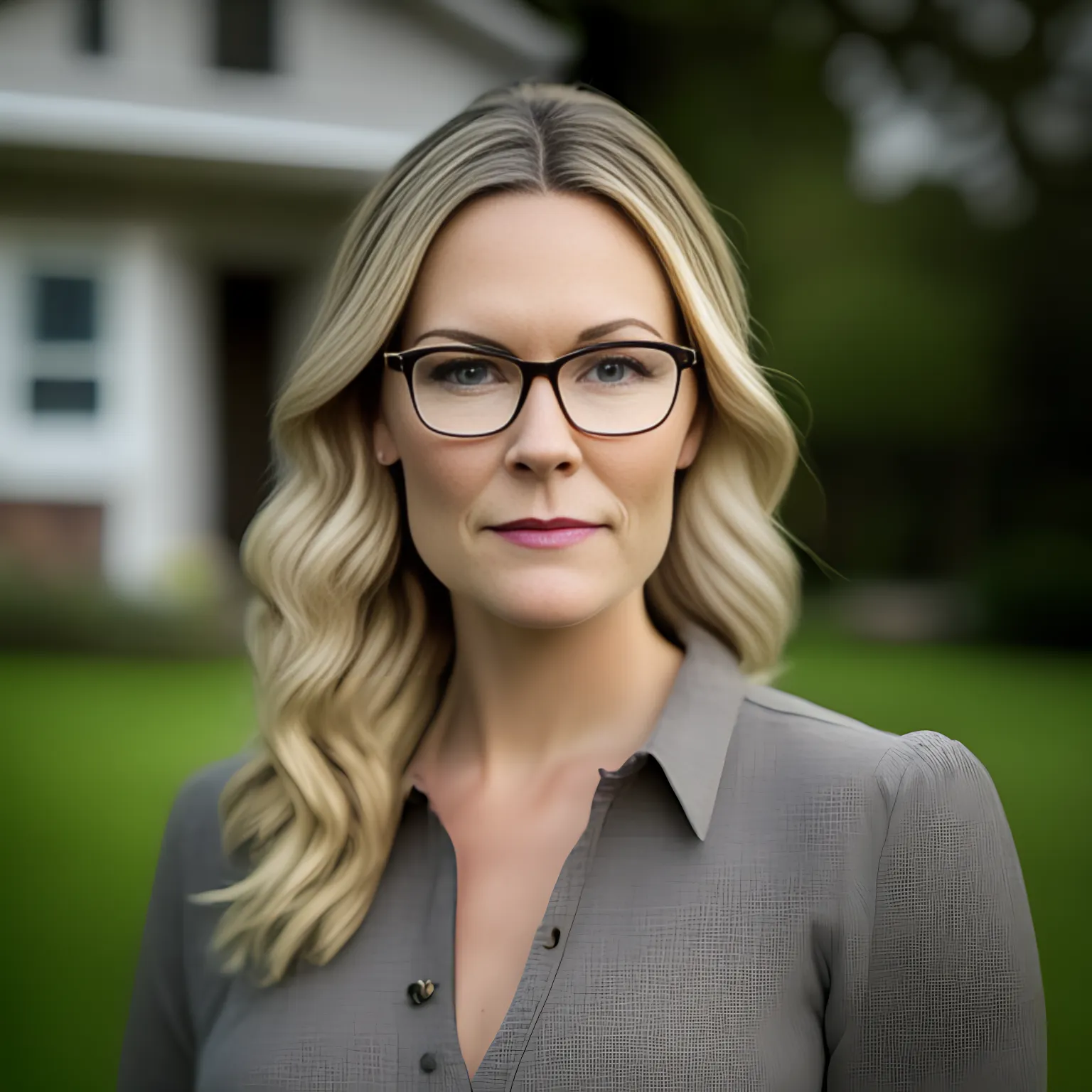 a woman in her 30's with professional attire, dirty blonde hair, square framed eye glasses, and a pleasant gaze into the camera, standing in the front lawn of a home, in the style of soft-focus portraits, rangercore, smilecore, studio portrait, gray and bronze, honest portrayal, and natural fibers