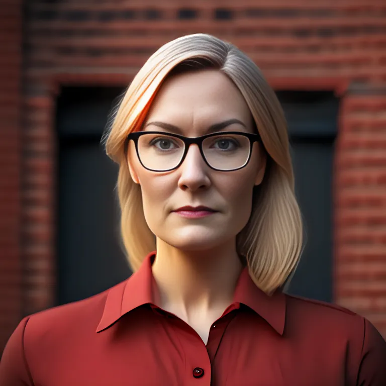 a woman in professional attire with dirty blonde hair, square framed eye glasses, and a pleasant gaze into the camera, standing in front of a brick red brick house, outside background, strong lighting contrasts, elegantly formal, academia, 8k resolution, ar 1:1, with a gray shirt