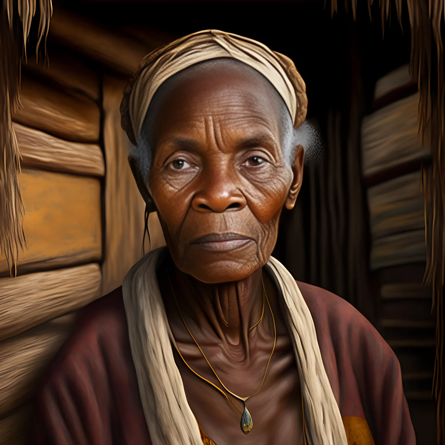 realistic portrait of Queen Nanny of the Maroons in her 60s, soft-focused, gazing into the camera, standing in front of a thatched jamaican hut with rustic wood panel walls,accurate skin tones and natural light