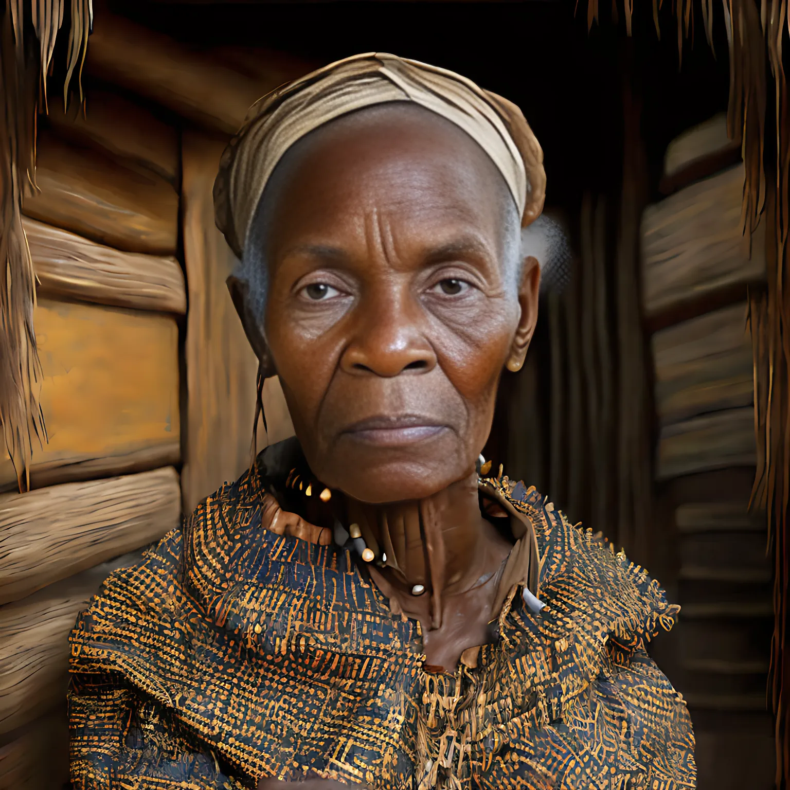 slightly angled shot of a black woman's torso in an African robe standing in front of a thatched hut