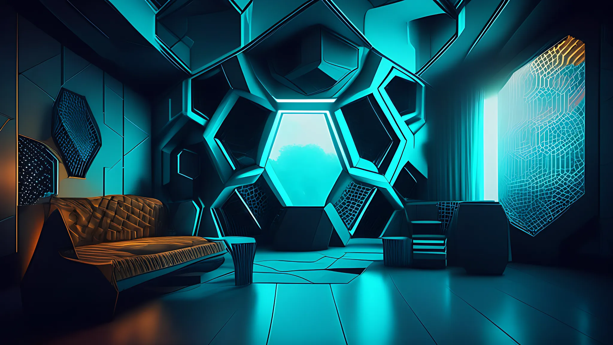 hexacore quantumpunk techwave interior design