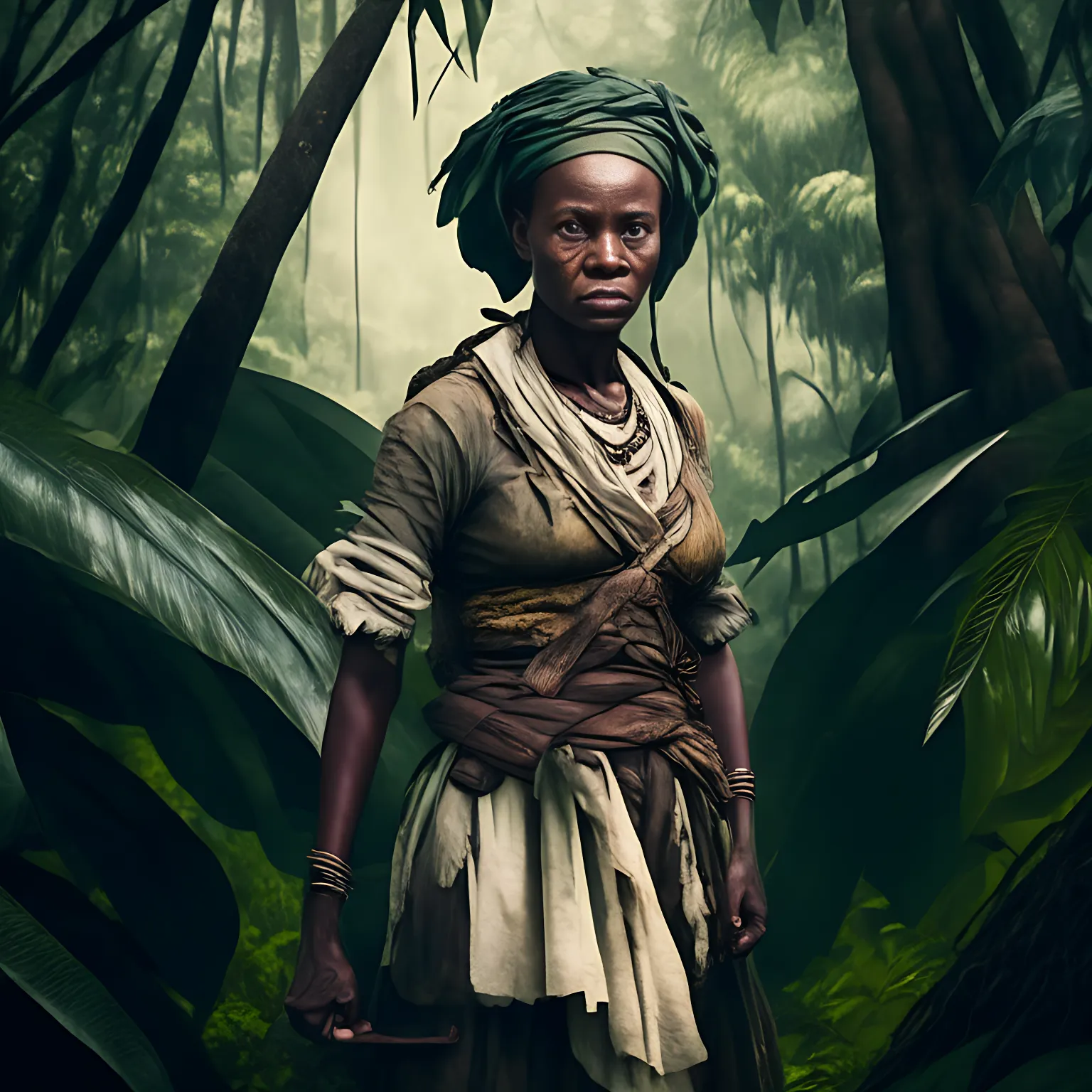 a woman from 18th century Africa dressed as a jungle fighter, holding a machete and standing in the jungle