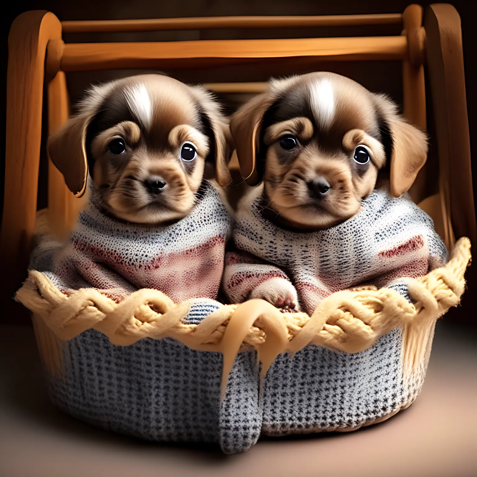 puppies wearing clothes sitting in a cradle