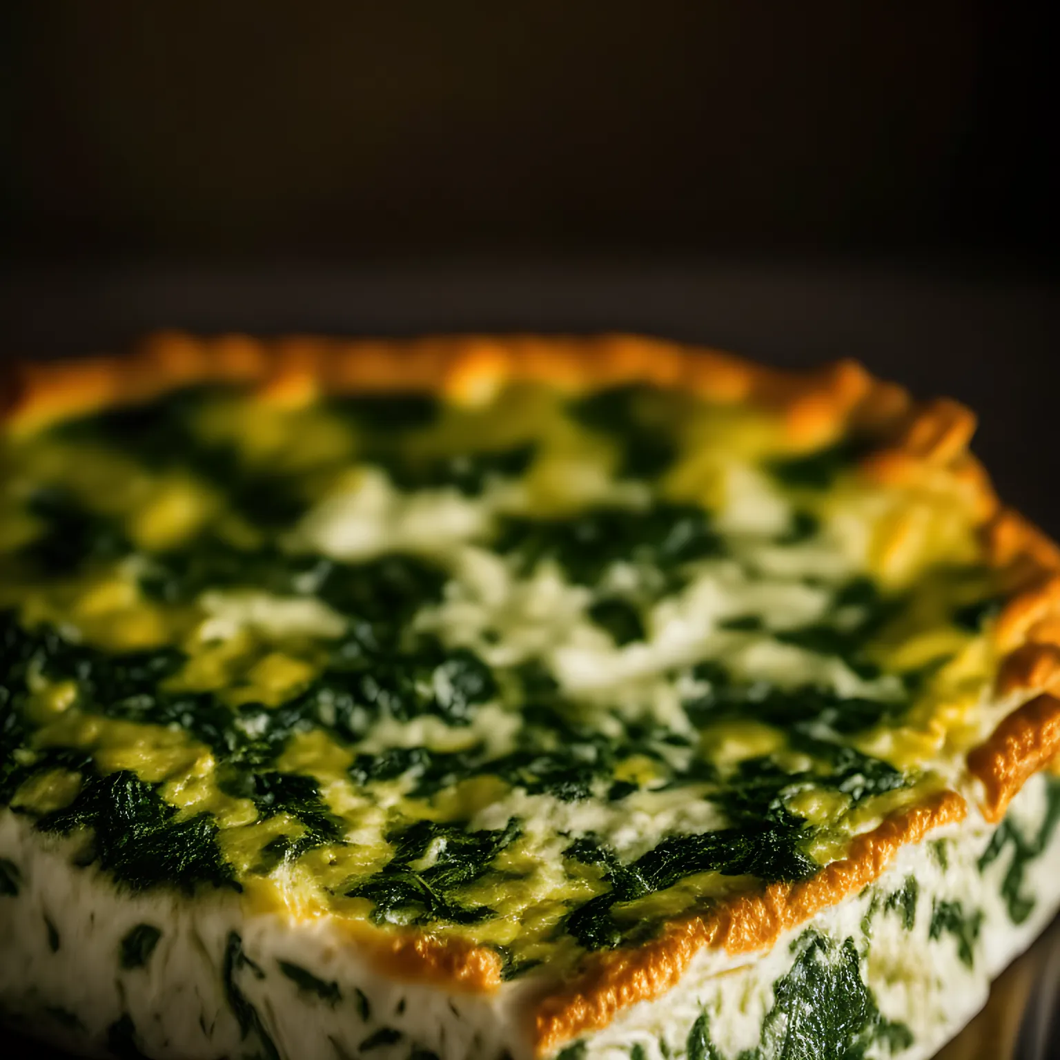 a close up photo of an Oven-Baked Frittata with Spinach and Cheese filling the frame, well lit with clear studio lighting