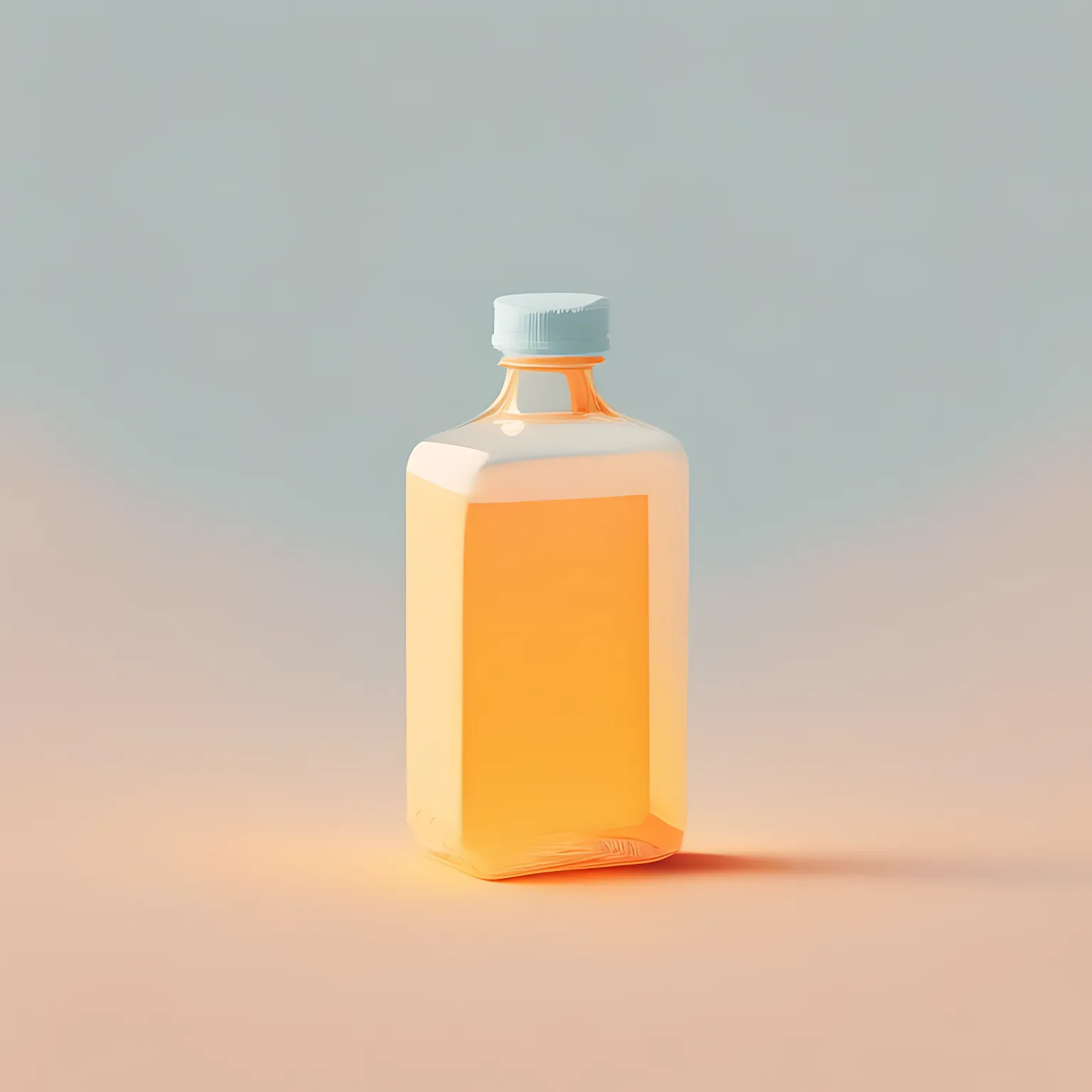 a glass bottle with an orange on top, square, minimalistic, pastel color palette