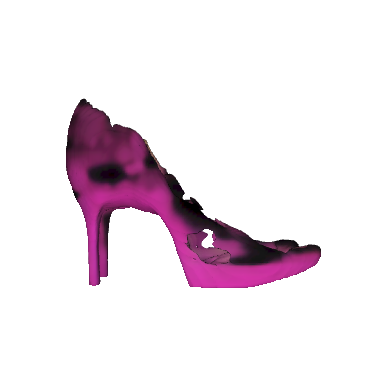 a detailed 3D mesh of a neon pink high heel shoe, with intricate details and textures