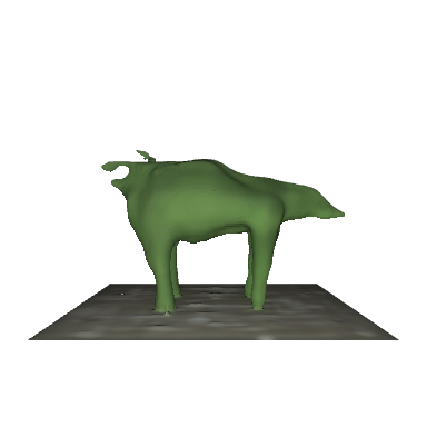 a 3D model of a rhinoceros standing on a grassy field, with a realistic texture and high detail