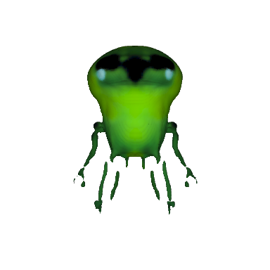 a green alien with large head and big black eyes