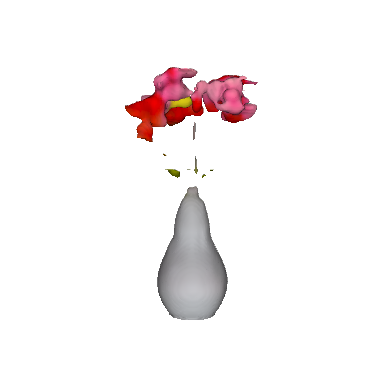 a glass vase with three roses inside, a red rose with a stem, a yellow rose with a stem and a pink rose with a stem