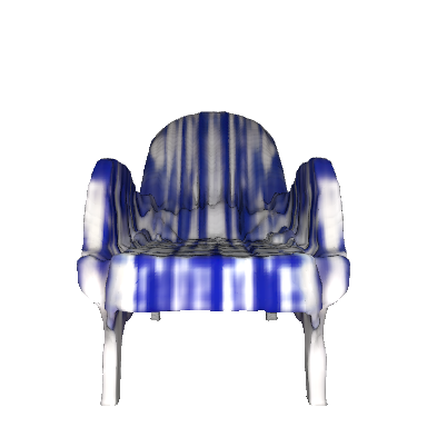 A traditional wingback fabric recliner chair that is mostly white with blue fabric accents