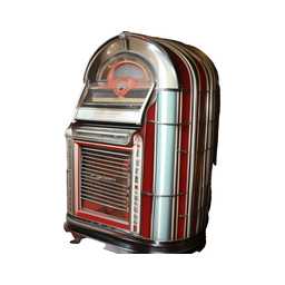 a retro 1950s style jukebox with chrome details, sitting on a checkered floor