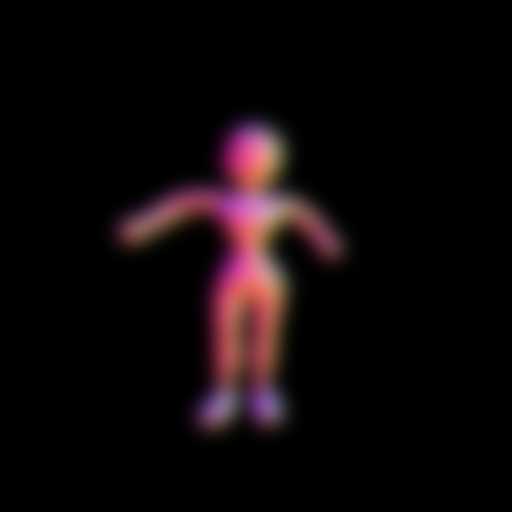 Another 3D mesh of the same cartoon doll logo from a different angle. The doll is facing to the left at a three-quarter view, with its arms outstretched and smile visible.