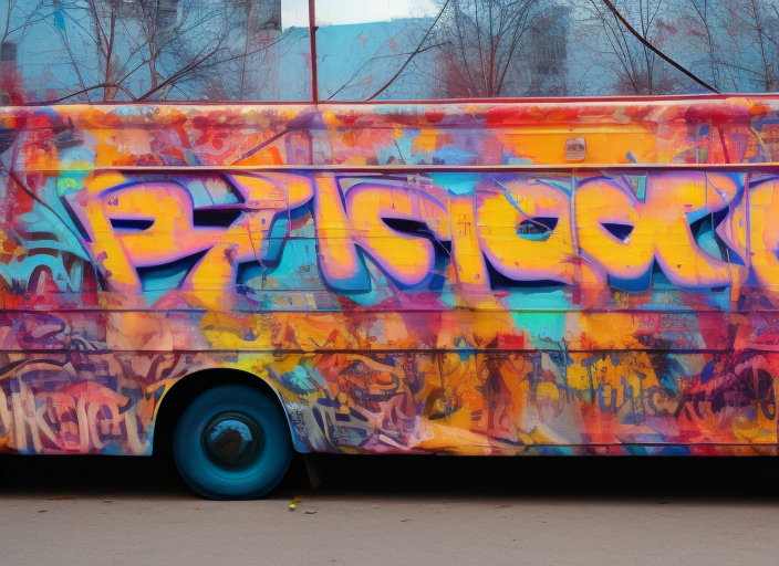 a bus covered with assorted colorful graffiti on the side of it.