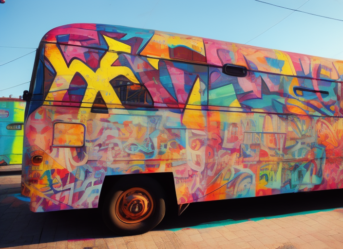 a bus covered with assorted colorful graffiti on the side of it. a bus covered with assorted colorful graffiti on the side of it. De Stijl, hearthstone card game artwork, 85mm