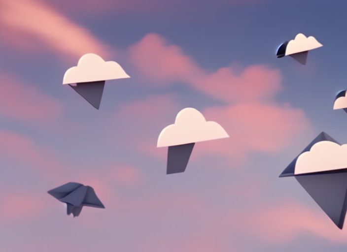 Multi-cloud computing, 3D octane render, paper planes