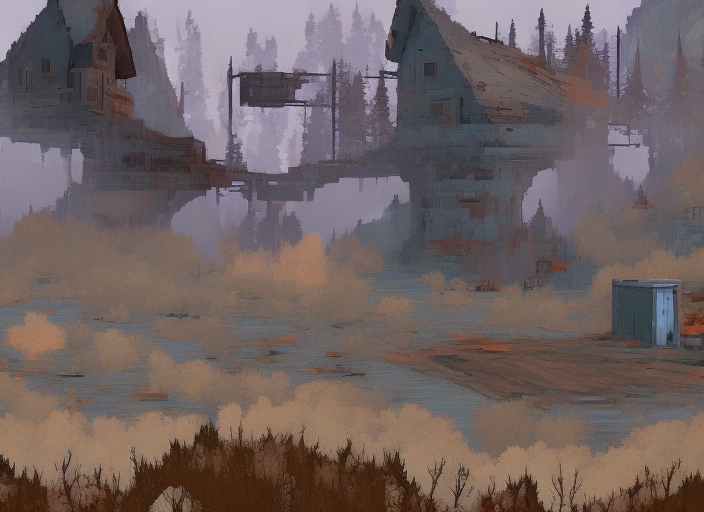 image of porch collapse, a grey mist with cold vapour, known to house a specialized form of fungal microorganism, The area of transition between the world and the pale in Disco Elysium, Disco Elysium art style, village