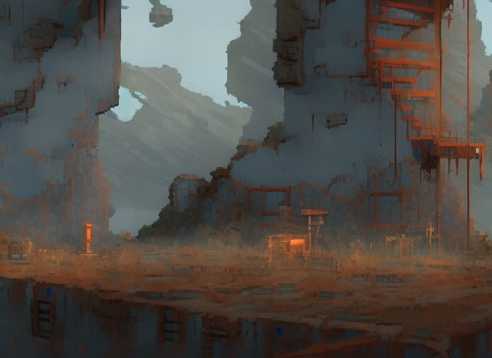 image of porch collapse, a grey mist with cold vapour, known to house a specialized form of fungal microorganism, The area of transition between the world and the pale in Disco Elysium, Disco Elysium art style, city