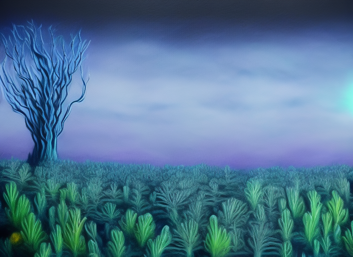 airbrushed painting alien bioluminescent landscape with unusual plants, colorful detailed magical realism painting 4k