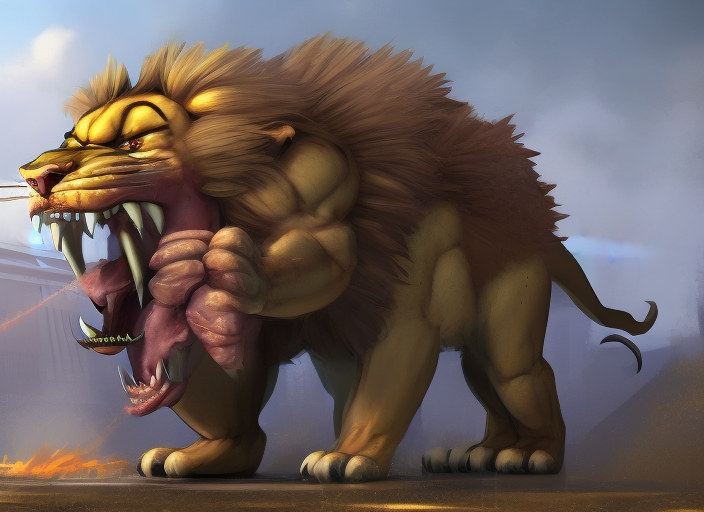 lion monster giant eating a building