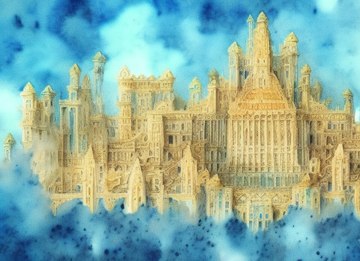 A beautiful watercolor painting of Atlantis, intricately detailed