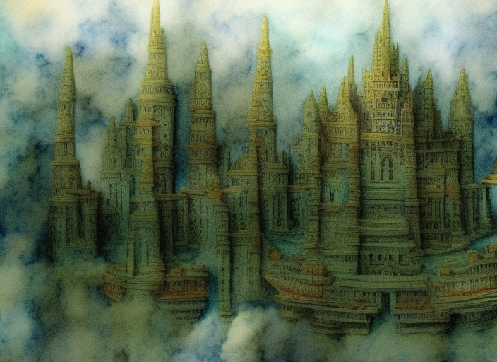 A beautiful watercolor painting of Atlantis, intricately detailed