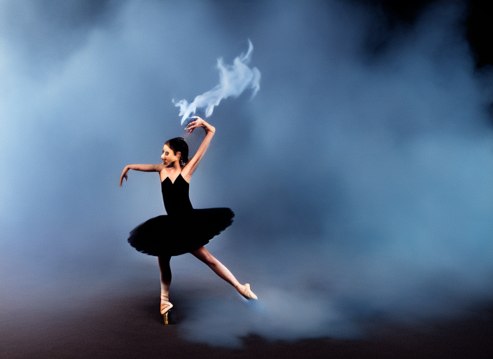 a dancing ballerina with blue whirling smoke and a black dress