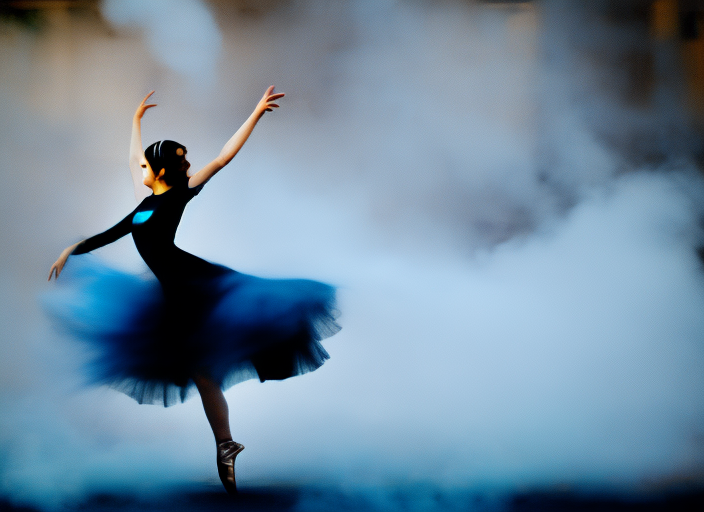 a dancing ballerina with blue whirling smoke and a black dress