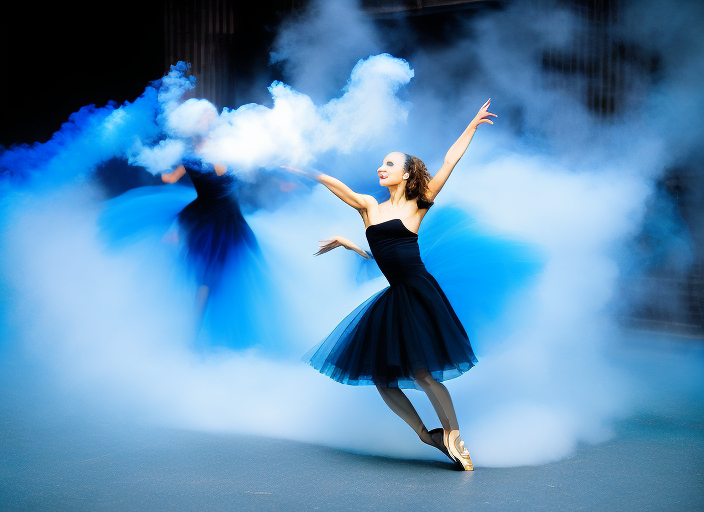 a dancing ballerina with blue whirling smoke and a black dress