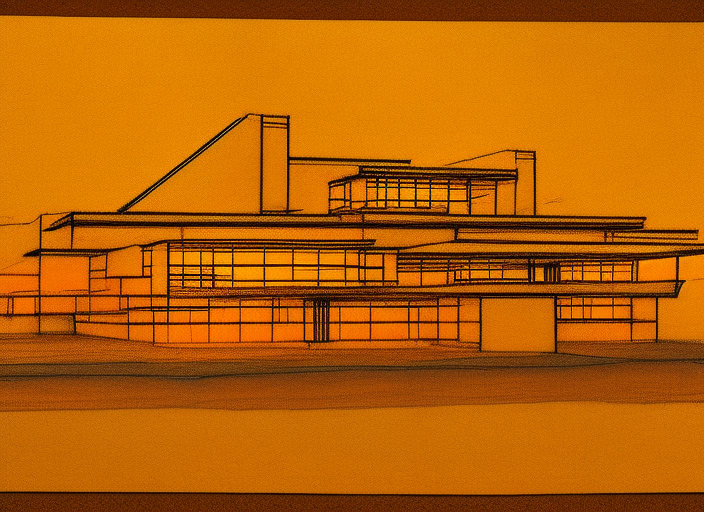 a very detailed architectural sketch of a modern building by frank lloyd wright on a textured brown paper, windows bright with orange and yellow light color spilling on the floor