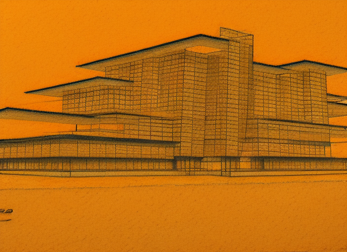 a very detailed architectural sketch of a modern building by frank lloyd wright on a textured brown paper, windows bright with orange and yellow light color spilling on the floor