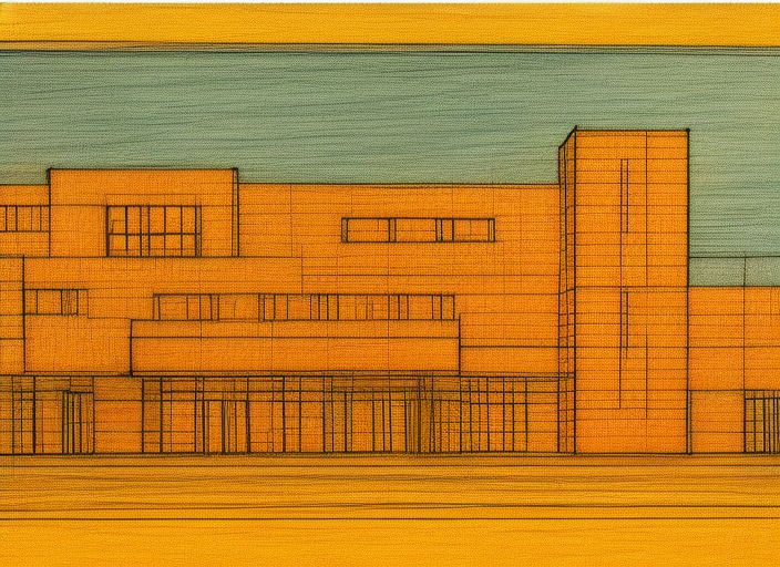 a very detailed architectural sketch of a modern building by frank lloyd wright on a textured brown paper, windows bright with orange and yellow light color spilling on the floor