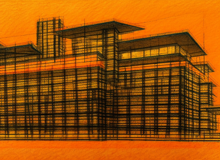 a very detailed architectural sketch of a modern building by frank lloyd wright on a textured brown paper, windows bright with orange and yellow light color spilling on the floor