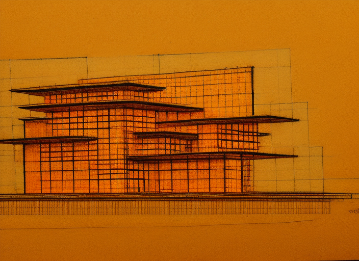 a very detailed architectural sketch of a modern building by frank lloyd wright on a textured brown paper, windows bright with orange and yellow light color spilling on the floor