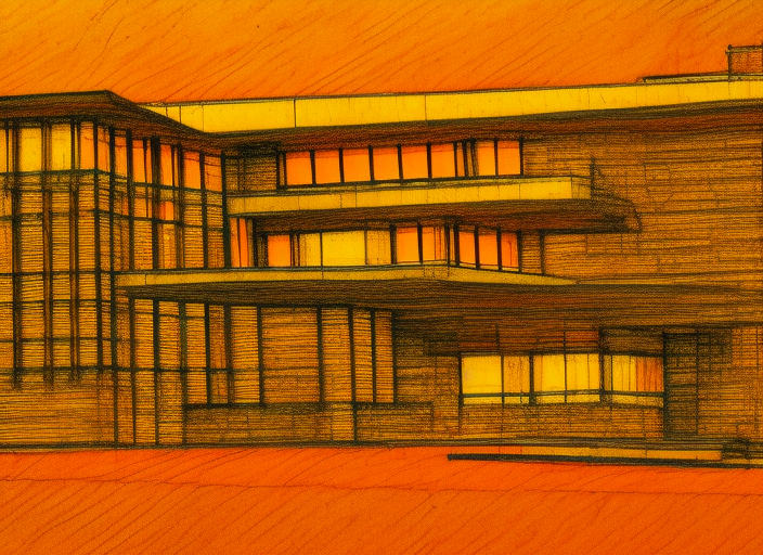 a very detailed architectural sketch of a modern building by frank lloyd wright on a textured brown paper, windows bright with orange and yellow light color spilling on the floor