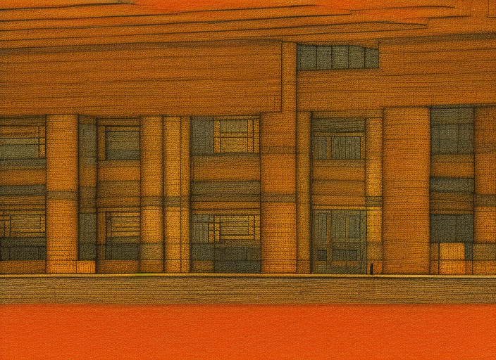 a very detailed architectural sketch of a modern building by frank lloyd wright on textured paper, windows bright with orange and yellow light color spilling on the floor