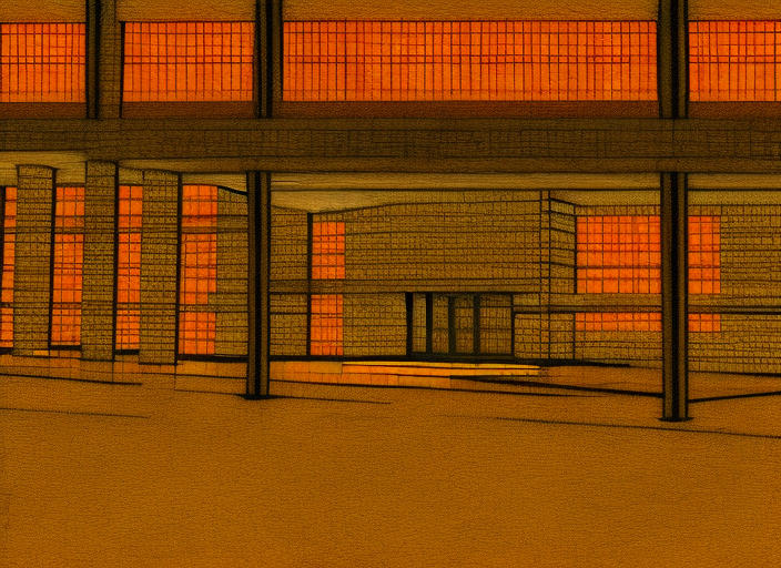 a very detailed architectural sketch of a modern building by frank lloyd wright on textured paper, windows bright with orange and yellow light color spilling on the floor