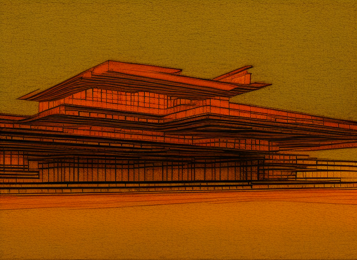 a very detailed architectural sketch of a modern building by frank lloyd wright on textured paper, windows bright with orange and yellow light color spilling on the floor