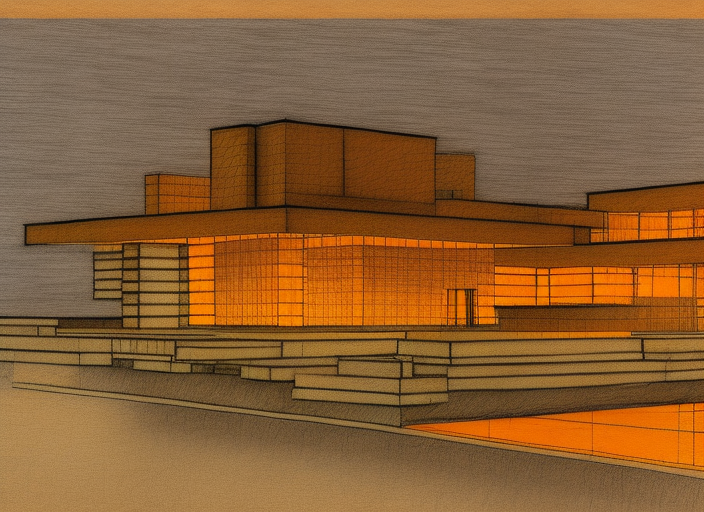 a very detailed architectural sketch of a modern villa by frank lloyd wright on textured paper, windows bright with orange and yellow light color spilling on the floor