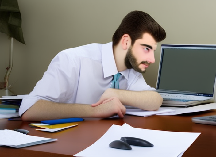 a office worker trying her best to finish his work behind his computer that is due tomorrow morning. she still has a lot of paperwork to do