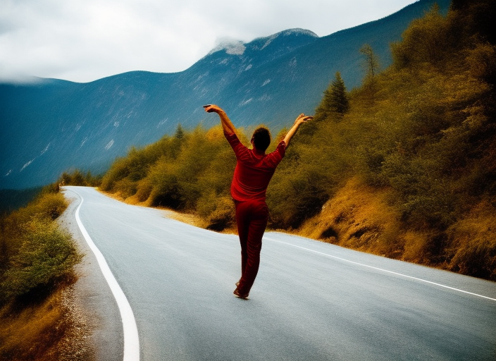 a man dancing on a road in mountains