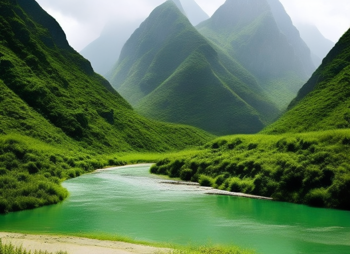 a huge snake  monster blocking the water from river flowing in between huge green mountains. beatiful