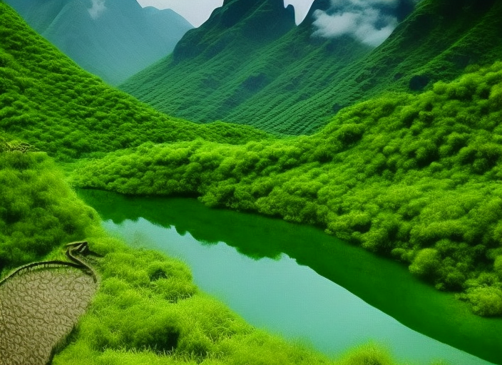 a huge snake  monster blocking the water from river flowing in between huge green mountains. beatiful