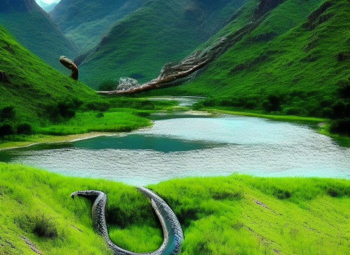 a huge snake  monster blocking the water from river flowing in between huge green mountains. beatiful